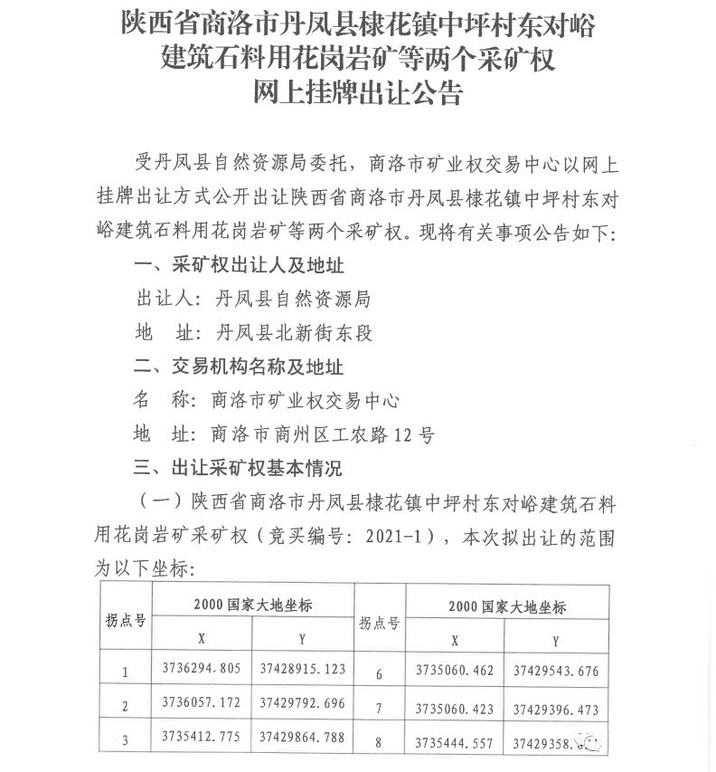 陜西商洛兩宗花崗巖砂石礦掛牌出讓 儲量近2億噸