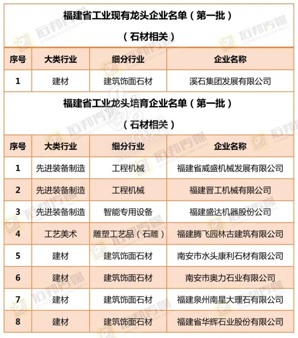 9家石材相關(guān)企業(yè)入選“福建省第一批工業(yè)龍頭企業(yè)和工業(yè)龍頭培育企業(yè)”名單